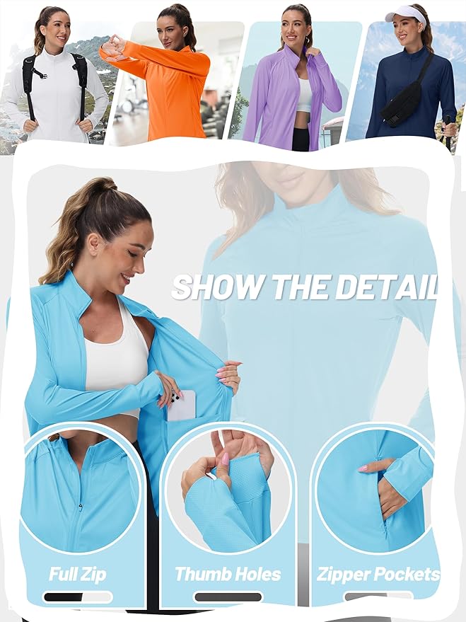 TACVASEN Women's Athletic Jackets Lightweight UV Protection Shirts Full Zip Workout Jacket UPF 50+ Long Sleeve Sun Shirt
