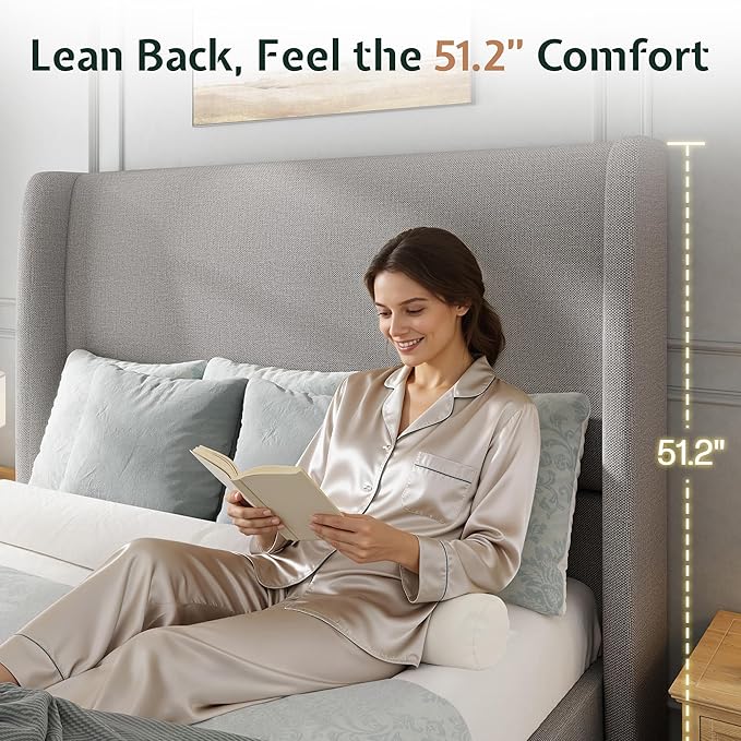 Jocisland Queen Size Bed Frame 51.2" Wingback Headboard Linen Upholstered Platform Bed with Solid Wood Legs & Wooden Slats, No Box Spring Needed, Modern Minimalist Style, Easy Assembly, Light Gray