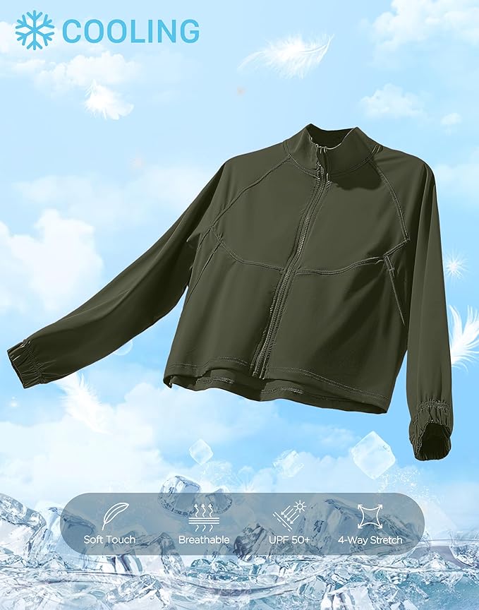 Soothfeel Women's Athletic workout Jacket Lightweight UPF 50+ Long Sleeve Sun Protection Shirts Zip Up Cropped Hiking Tops