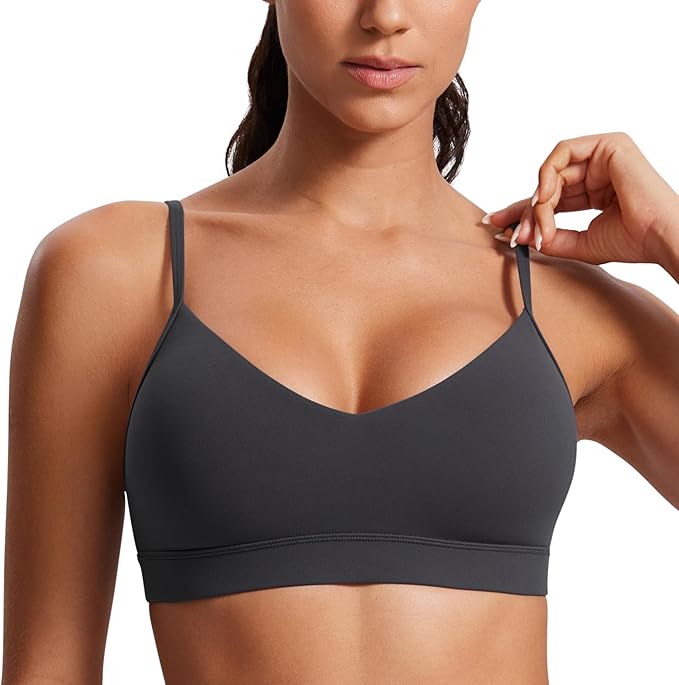 CRZ YOGA Butterluxe V-Neck Sports Bras for Women - Adjustable Thin Straps Padded Yoga Top Basic Wireless Camisole