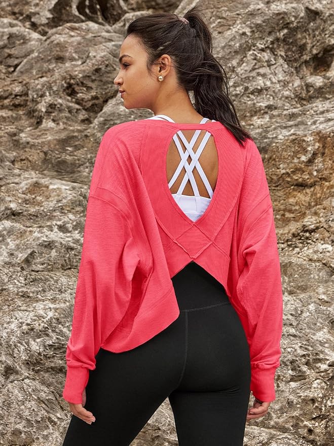 Panadila Womens Open Back Workout Top Long Sleeve Athletic Shirts Casual Crop Running Tee Y2k Yoga