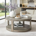 40" Round Wood Coffee Table, 2 Tier Modern Center Table with Roller Wheels,Solid Wood+MDF, Easy Assembly, Accent Table for Living Room, Apartment, Small Space. (Light Brown)