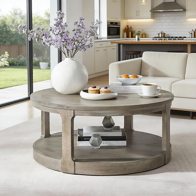 40" Round Wood Coffee Table, 2 Tier Modern Center Table with Roller Wheels,Solid Wood+MDF, Easy Assembly, Accent Table for Living Room, Apartment, Small Space. (Light Brown)
