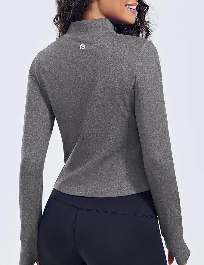PINSPARK Women Cropped Workout Jackets Full Zip Slim Fit Athletic Jackets Thumb Holes Running Jacket with Zipper Pockets