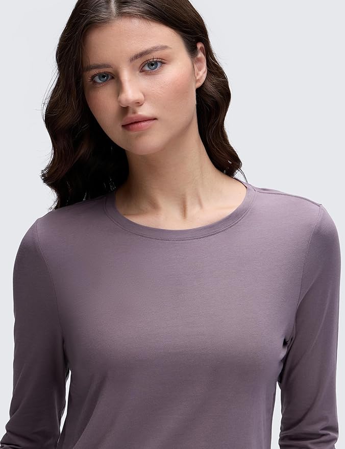 CRZ YOGA Pima Cotton Crewneck Long Sleeve Shirts for Women - Workout Athletic Yoga Casual Tops Soft Plain T-Shirt