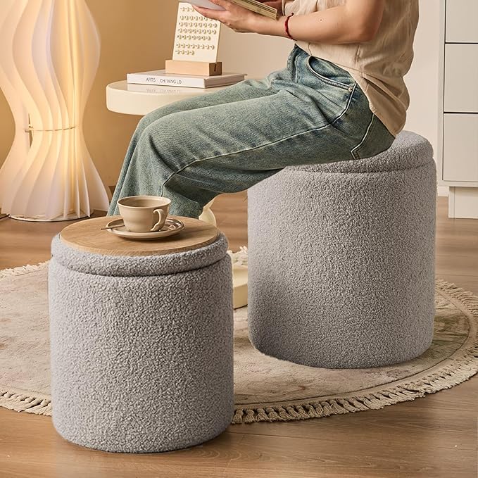 BLEXA Round Ottoman with Storage Set of 2 - Upholstered Sherpa Vanity Stool for Makeup Multifunctional Ottomans Coffee Table Padded Seat Foot Rest for Living Room & Bedroom (Sherpa Gray)
