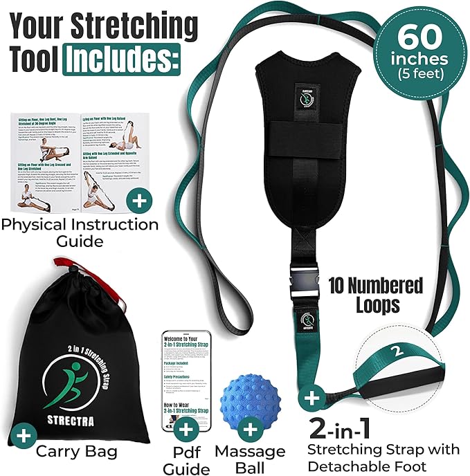Stretch Strap with Loops Physical Therapy - Full Body Exercise Straps for Stretching with Detachable Foot - Leg & Calf Stretcher for Plantar Fasciitis, Physical Therapy, Pain Relief, and Flexibility