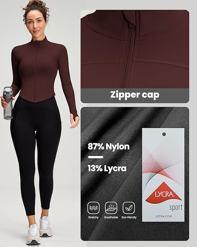 Women BBL Jacket Full Zip UP Workout Athletic Cropped Jacket wIth Thumb Holes Running Yoga Sportswear