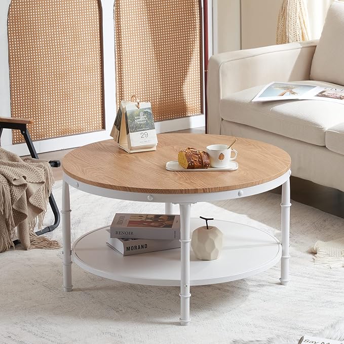 VINGLI 31.5" Natural White Round Farmhouse Coffee Table, 2-Tier Storage Wood Center Circle Accent Table for Living Room, Bedroom, Apartment, Studio and Small Spaces, Sturdy Metal Frame, Natural Color