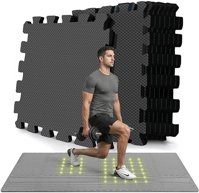 bemaxx Gym Mats Set - 18 pcs EVA Interlocking Foam Floor Tiles (12.6"x12.6"x0.4") 18sqft Protective Gym Flooring Sports Home Workout Exercise Mats Puzzle Garage Fitness Play-Room Pool Treadmill Bike