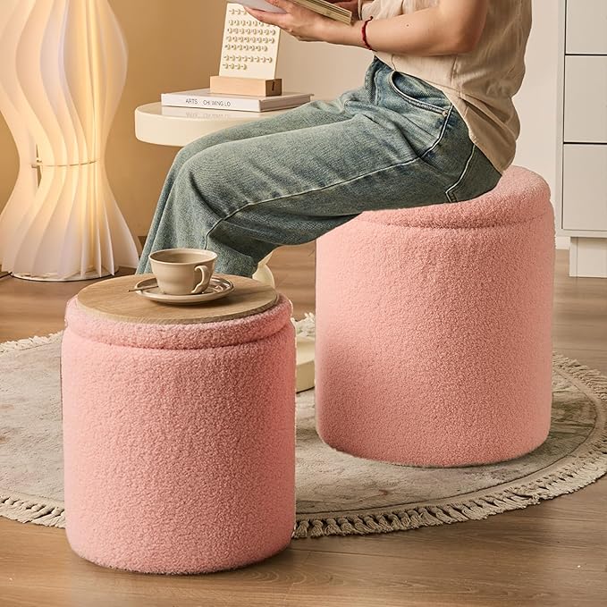 BLEXA Round Ottoman with Storage Set of 2 - Upholstered Sherpa Vanity Stool for Makeup Multifunctional Ottomans Coffee Table Padded Seat Foot Rest for Living Room & Bedroom (Sherpa Pink)