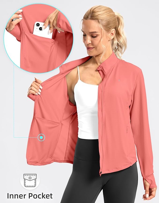 Soothfeel Women's UPF 50+ Lightweight Athletic Jackets Sun Protection Zip Up Long Sleeve Shirts Hiking Workout Outdoor Pocket