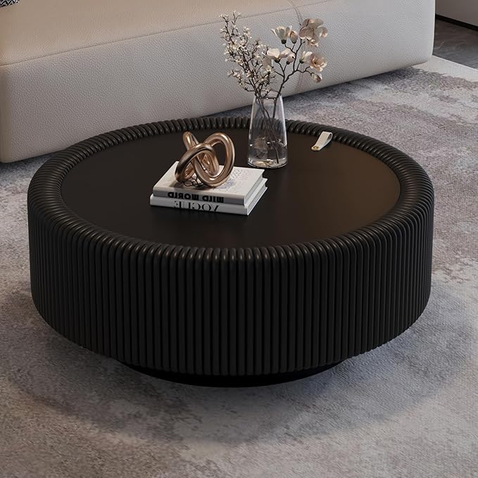 31.5" Black Round Coffee Table with Storage, Tempered Glass Top PU Leather Body & Baked Enamel Base, Modern Minimalist Fluted Circle Center Tables for or Living Room, Bedroom, Apartment