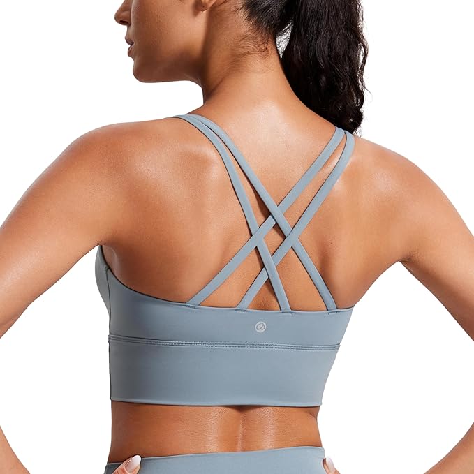 CRZ YOGA Naked Feeling Strappy Longline Sports Bras for Women - Medium Impact Criss Cross Yoga Padded Workout Crop Top