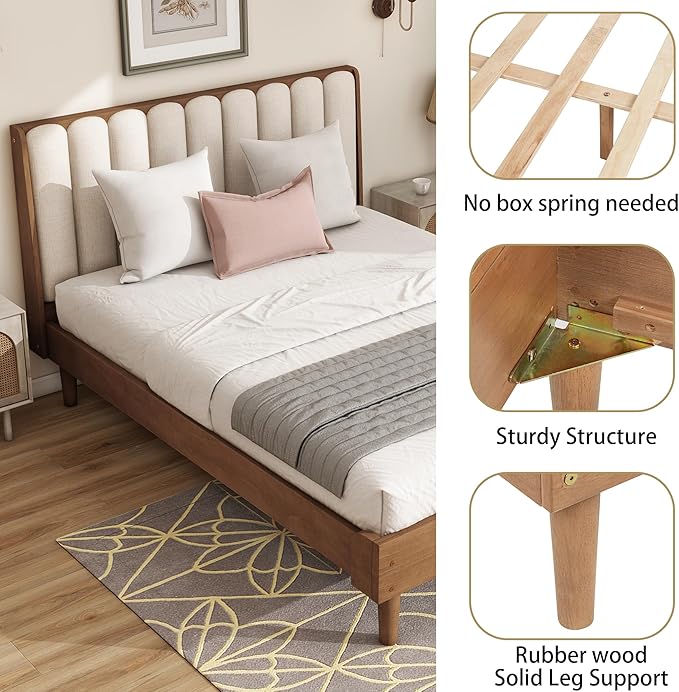 Wood Queen Size Bed Frame with Upholstered Tufted Headboard, Solid Wood Platform Bed,Mid-Century Style,No Box Spring Required, Easy Assembly,Wheat