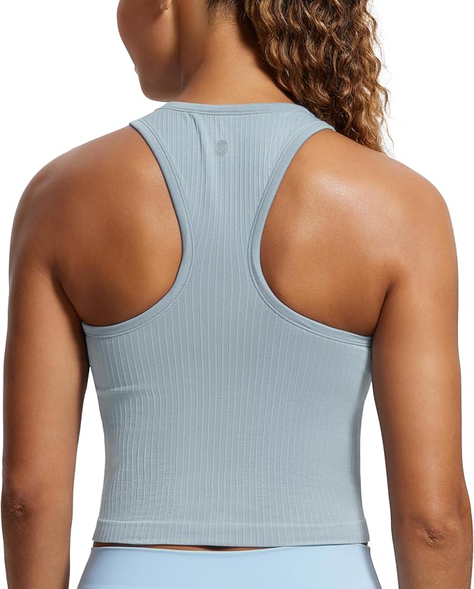 CRZ YOGA Seamless Ribbed High Neck Crop Tank Tops for Women - Longline Racerback Padded Sports Bras