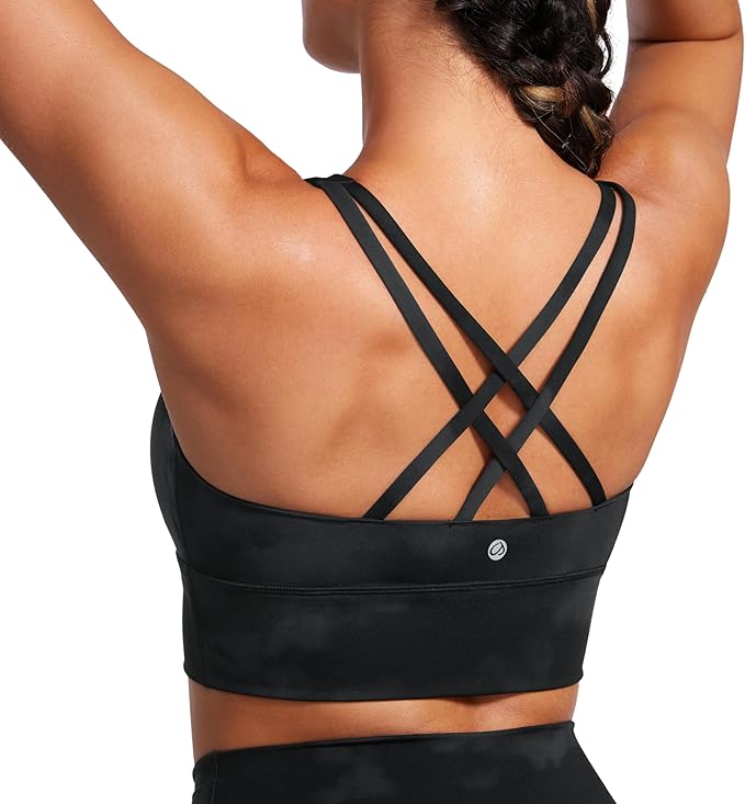 CRZ YOGA Naked Feeling Strappy Longline Sports Bras for Women - Medium Impact Criss Cross Yoga Padded Workout Crop Top