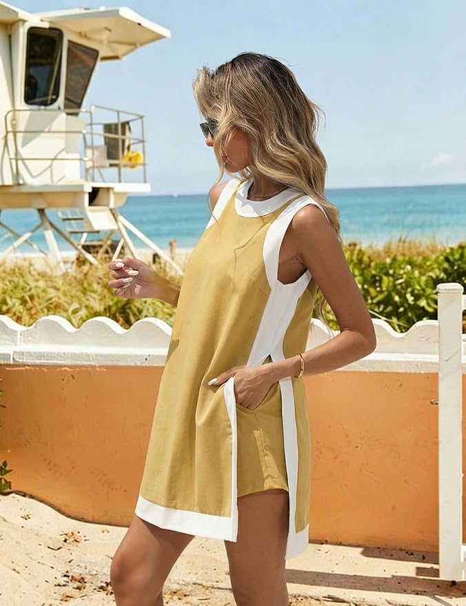 Hooever Women's 2 Piece Sets Casual Color Block Crewneck Short Sleeve Pullover Tops Matching Shorts with Pockets