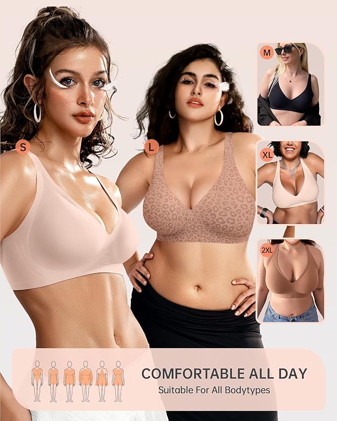 OEAK Womens Deep V Bras Wireless Comfortable Bra Supportive No Underwire Bras Tshirt Push Up Bralettes Plunge Seamless Bra