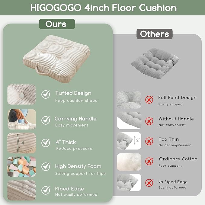 HIGOGOGO 4" Washable Floor Pillow Cushion for Adults, Meditation Cushion Pillow, Large Square Floor Sitting, Removable Tufted Corduroy Cover, for Tatami Living Room or Yoga, 22x22 Inch,Beige