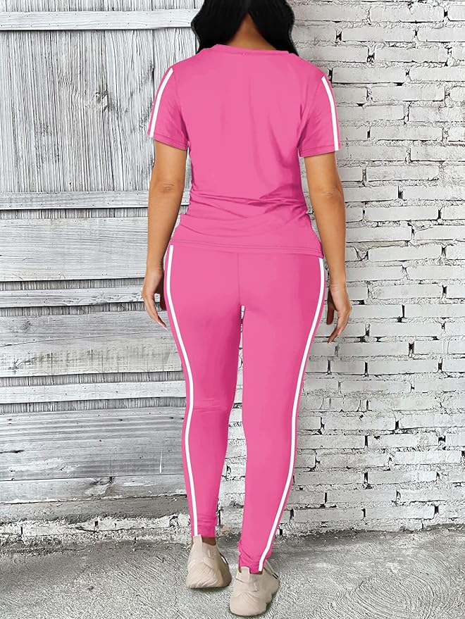 Women's 2 Piece Outfits Sweatsuit Summer Workout Striped Short Sleeve Long Sweatpants Casual Jogging Lounge Set