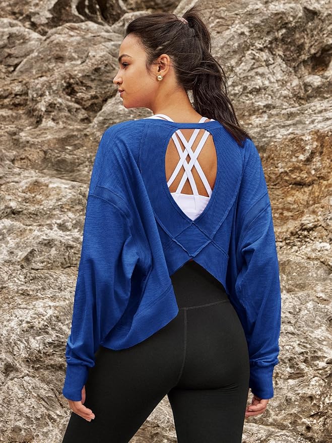 Panadila Womens Open Back Workout Top Long Sleeve Athletic Shirts Casual Crop Running Tee Y2k Yoga