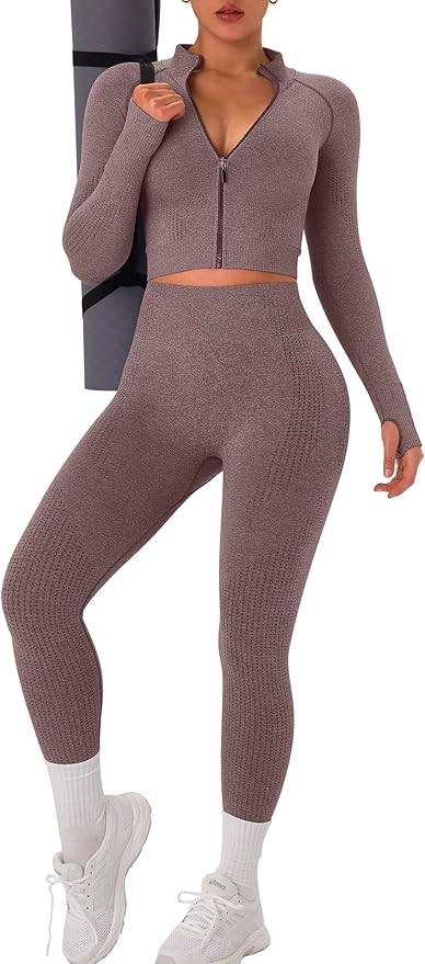 OLCHEE Womens Workout Sets 2 Piece Seamless Yoga Outfits Long Sleeve Zipper Jacket High Waist Leggings Butt Lifting Gym Set