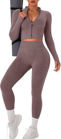 OLCHEE Womens Workout Sets 2 Piece Seamless Yoga Outfits Long Sleeve Zipper Jacket High Waist Leggings Butt Lifting Gym Set
