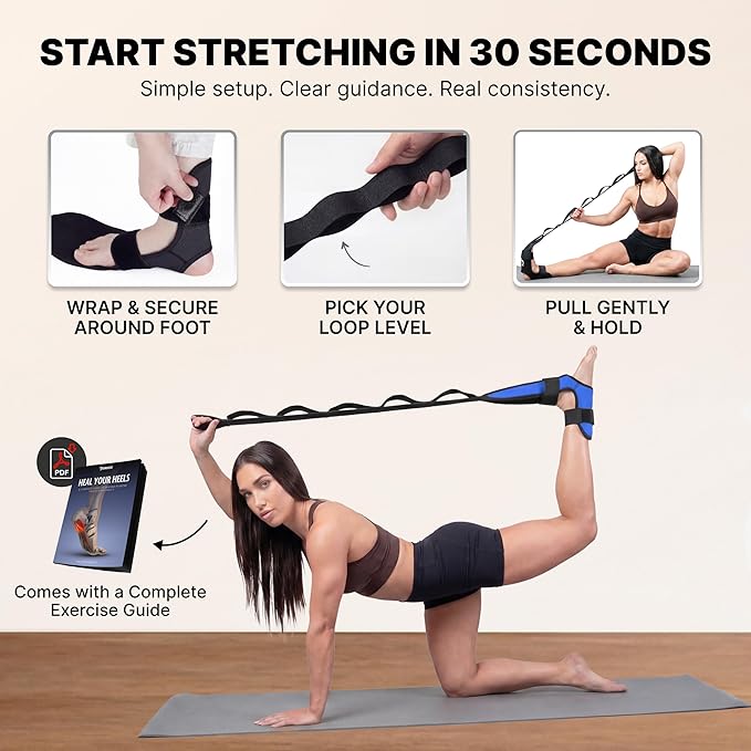 DMoose Fitness Foot & Calf Stretcher with Adjustable Padded Stretching Strap for Plantar Fasciitis, Hamstring, Heel Spurs and Achilles Tendonitis Relief - Yoga Leg Stretch Strap for Flexibility