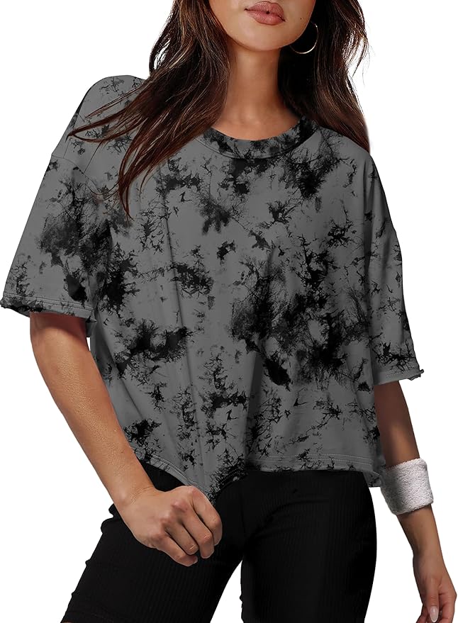 XIEERDUO Cotton Tshirts for Women Drop Shoulder Round Neck Oversized Crop Tops Workout Tops Tees