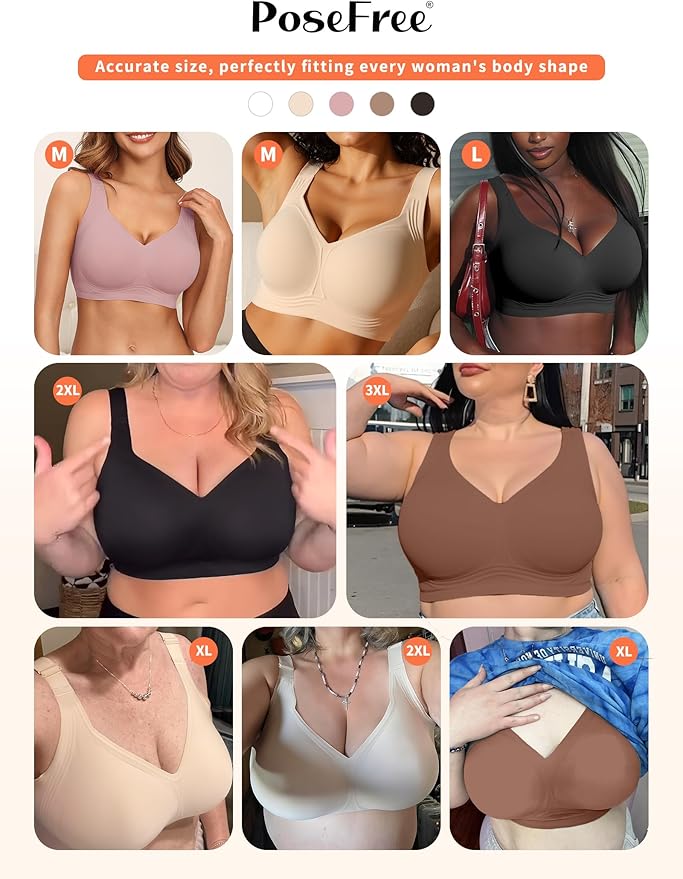 PoseFree Womens Seamless Wireless Supportive Bra Push Up Comfort Soft No Underwire Full Coverage T-Shirt Bra