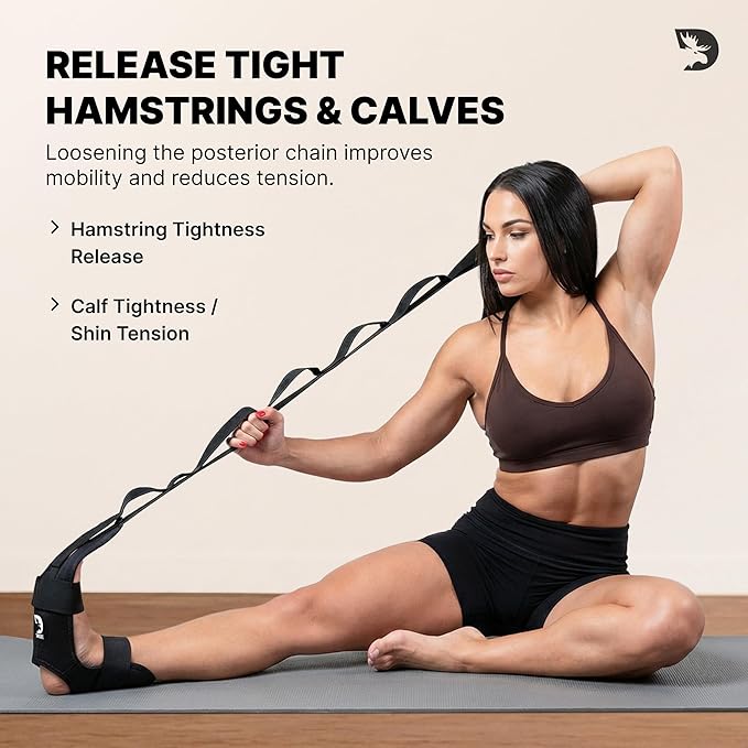 DMoose Fitness Foot & Calf Stretcher with Adjustable Padded Stretching Strap for Plantar Fasciitis, Hamstring, Heel Spurs and Achilles Tendonitis Relief - Yoga Leg Stretch Strap for Flexibility
