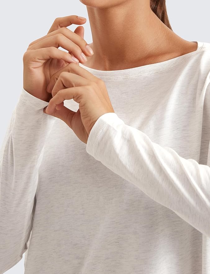 CRZ YOGA Pima Cotton Boat Neck Long Sleeve Shirts for Women - Workout Athletic Yoga Casual Tops Loose Fit Fall T-Shirts