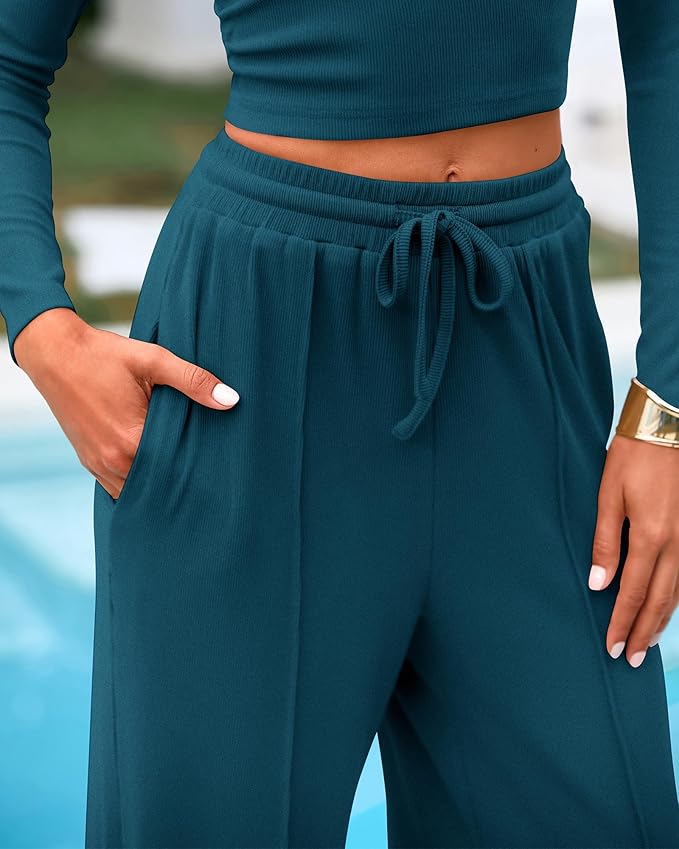 BTFBM Casual 2 Piece Sets For Women Fall Outfits 2026 Ribbed Spring Long Sleeve Crop Top Wide Leg Pants Matching Lounge Set