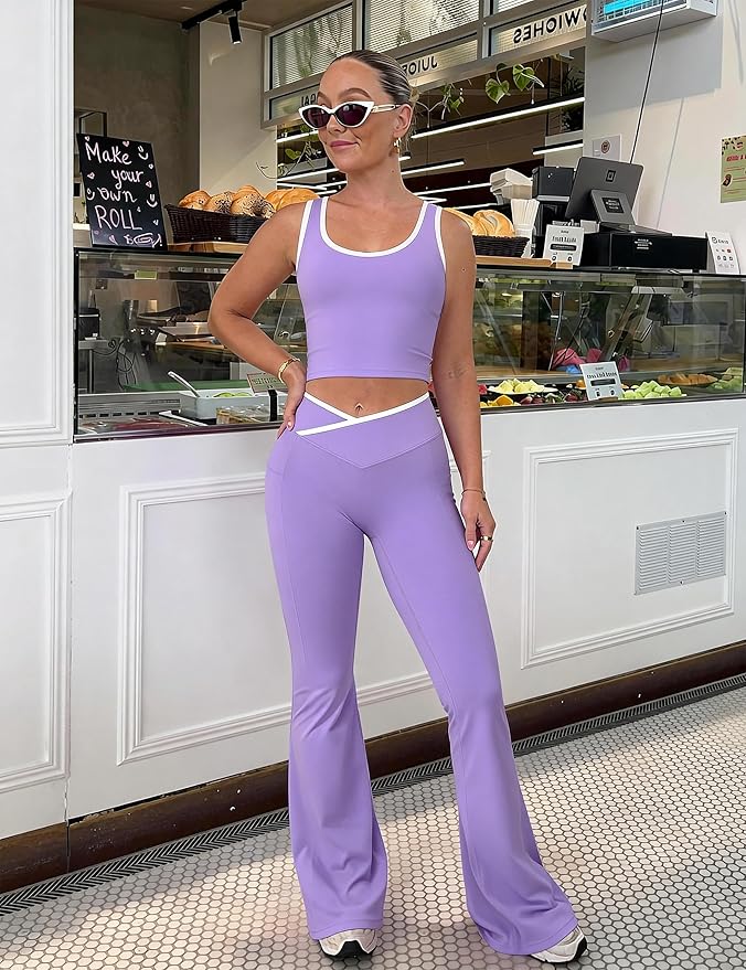 OLCHEE Womens Workout Sets 2 Piece Gym Yoga Outfits Crossover Flare Leggings Crop Tank Top with Contrast Trim