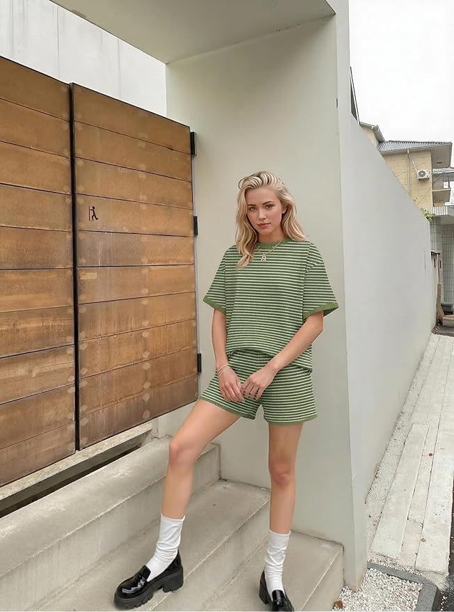 MARZXIN Women 2 Piece Shorts Set 2026 Casual Summer Cruise Outfits Ribbed Loose Short Sleeve Pocket Matching Lounge Sets