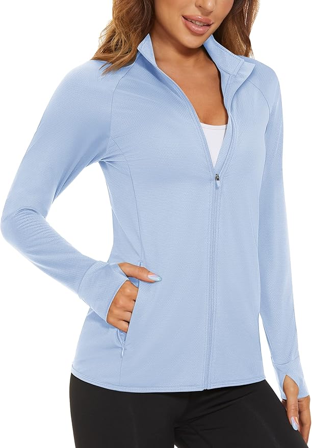 MAGCOMSEN Women's UPF 50+ Lightweight Athletic Jacket Sun Protection Full Zip Long Sleeve Shirts Hiking Outdoor Pockets