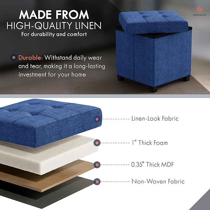Ornavo Home Storage Ottoman with Legs, Square Cube Foot Rest Stool Seat, for Living Room, Bedroom, Home Office, Dorm - 15 x 15 x 15, Navy Blue