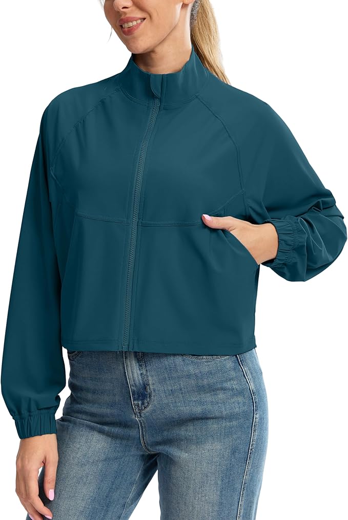 Soothfeel Women's Athletic workout Jacket Lightweight UPF 50+ Long Sleeve Sun Protection Shirts Zip Up Cropped Hiking Tops