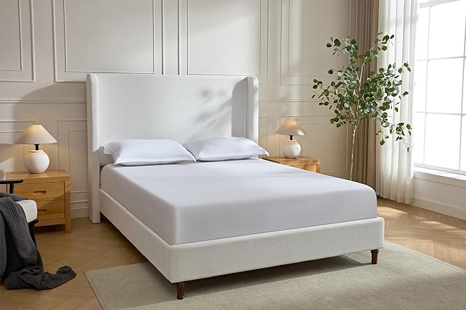 Queen Size Upholstered Bed Frame, 54" High Headboard Carmen Wingback Bed Frames, Tall Headboard Floor Platform Beds, No Box Spring Needed No Noise, Simplicity Minimalist, Cream White