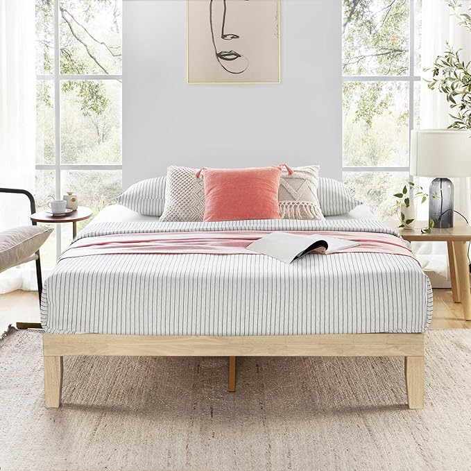 Mellow Naturalista Classic 12 Inch Solid Wood Platform Bed with Wooden Slats, Full, White Wash