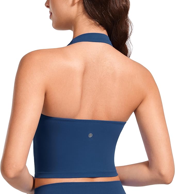 CRZ YOGA Butterluxe Halter Crop Tank Tops for Women - Open Back Padded Longline Sports Bras Workout Gym