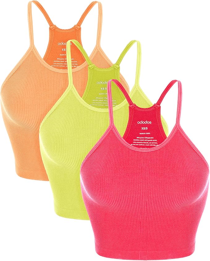 ODODOS Women's Crop 3-Pack Seamless Rib-Knit Camisole Crop Tank Tops