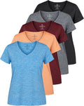 Real Essentials 5 Pack: Women's Dry-Fit Short Sleeve V Neck T Shirt Workout Fitness Yoga Top Tee (Available in Plus Size)