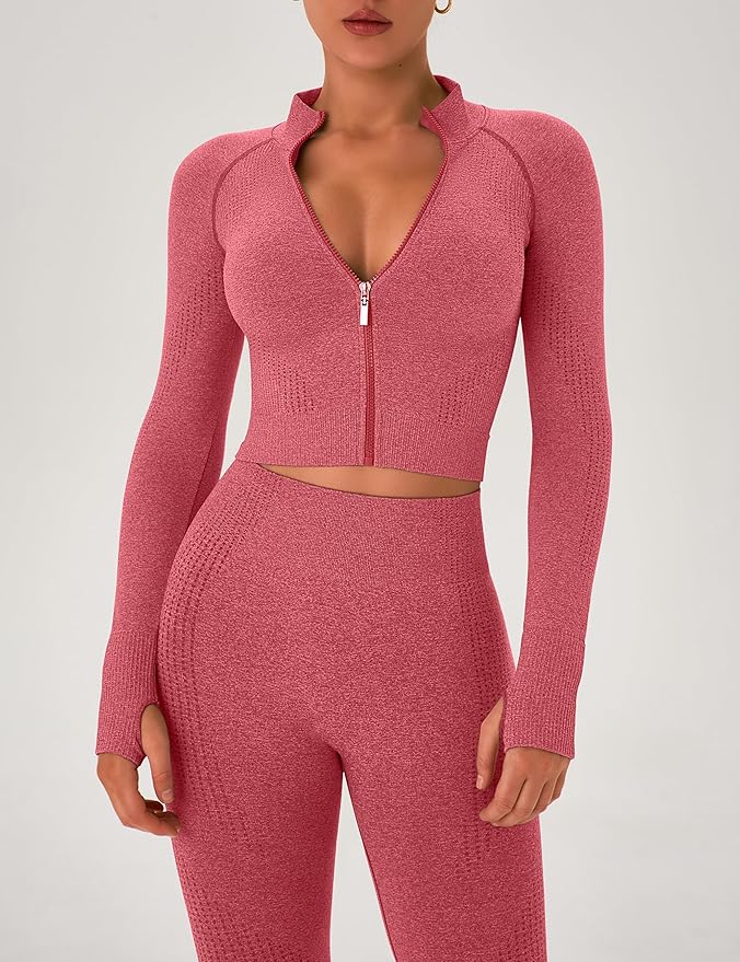 OLCHEE Womens Workout Sets 2 Piece Seamless Yoga Outfits Long Sleeve Zipper Jacket High Waist Leggings Butt Lifting Gym Set