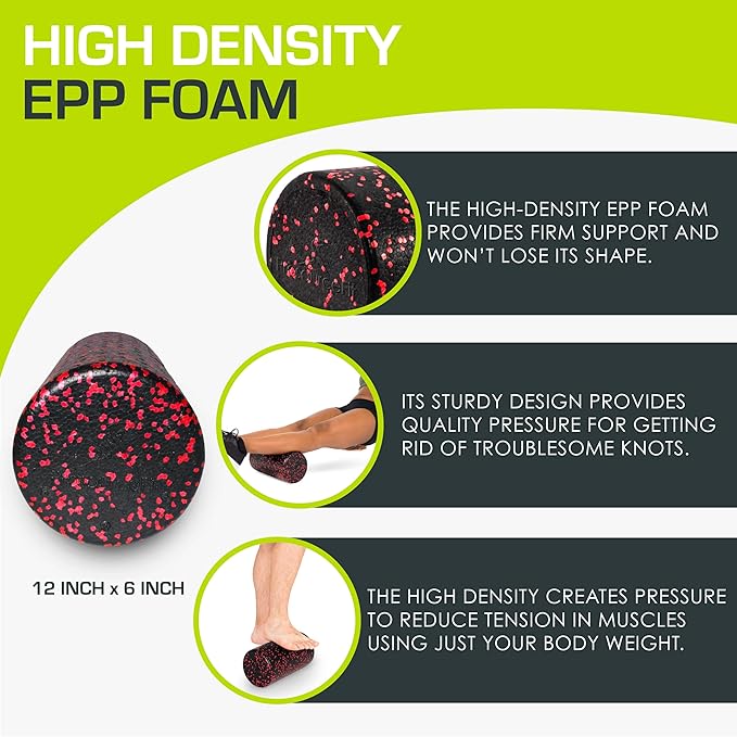 ProsourceFit High Density Foam Rollers 12 - inches long, Firm Full Body Athletic Massage Tool for Back Stretching, Yoga, Pilates, Post Workout Muscle Recuperation, Black/Red