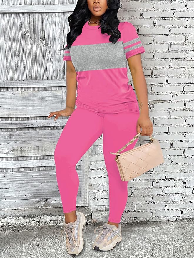 Two Piece Sets for Women Summer Short Sleeve Striped Crewneck Slim Fit Active Casual Sweatsuits