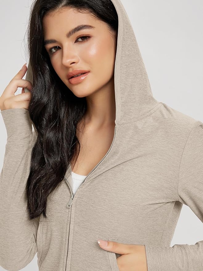 ODODOS Women's Full-Zip Cropped Hoodie - odSTRATUM Tech Ultra Soft UPF 50+ Hooded Jacket with Pockets