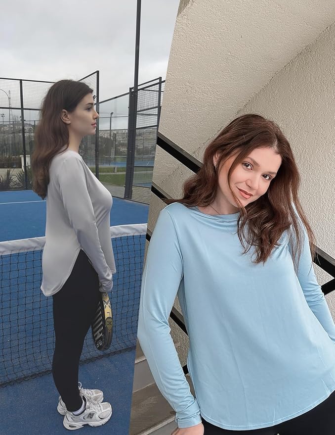 PINSPARK 2 Pack Long Sleeve Workout Tops for Women UV Protection Soft Workout Tops Lightweight Athletic Running Hiking Shirt
