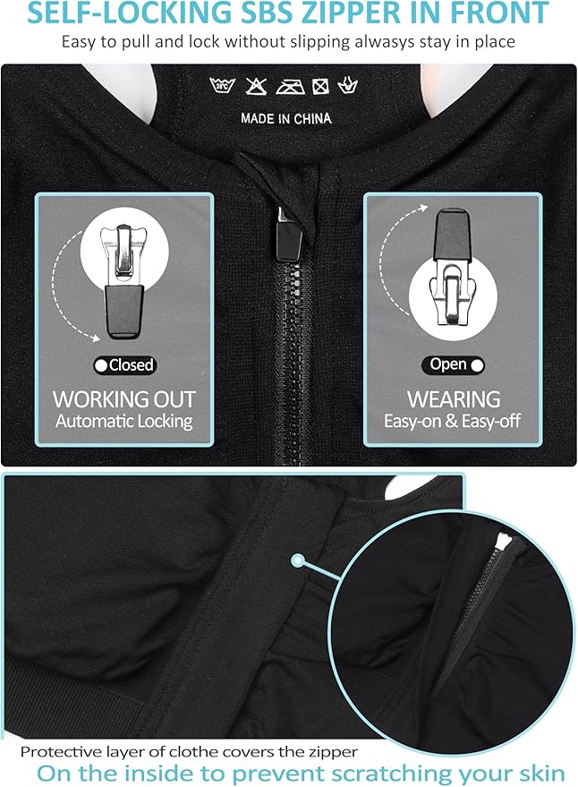 Women's Zip Front Sports Bra Wireless Post-Surgery Bra Active Yoga Sports Bras